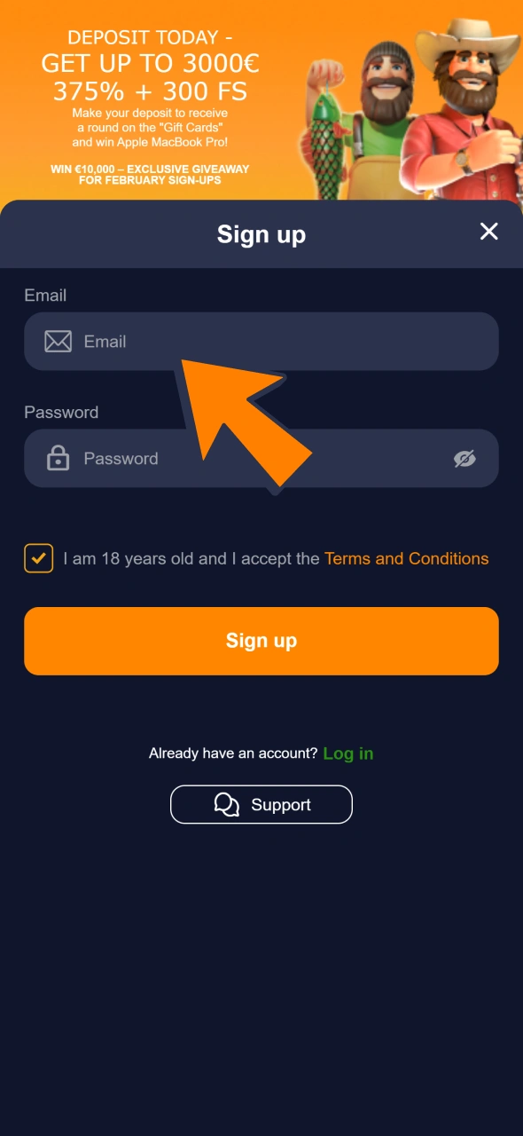 Type in your email and password to create Bass Win account.
