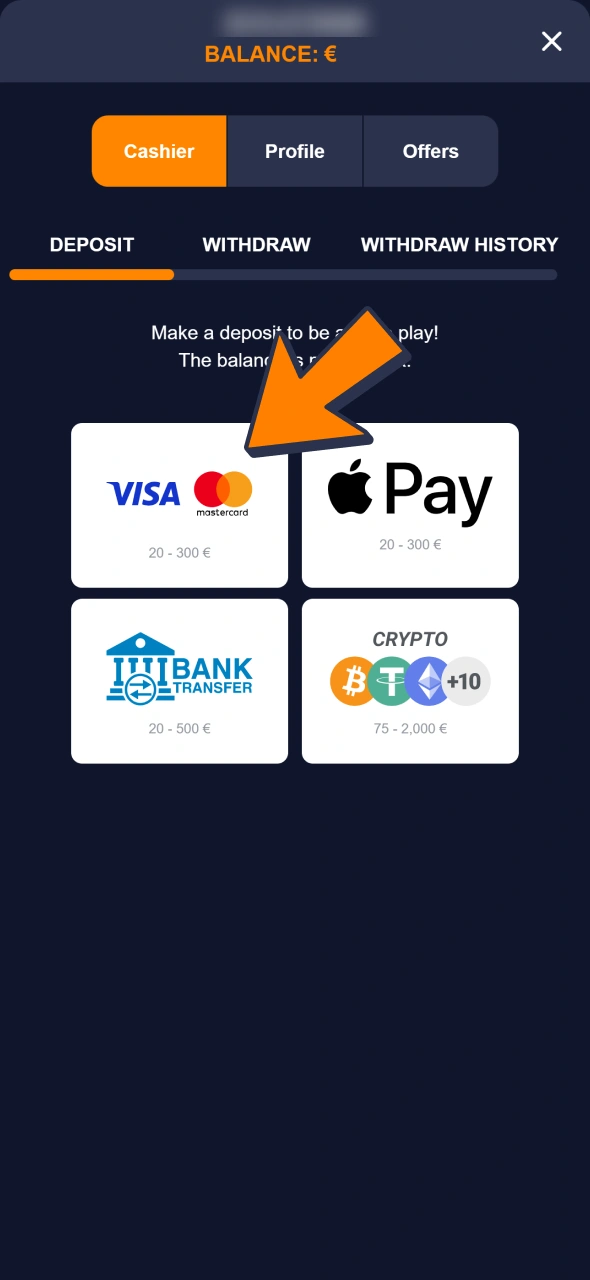 Choose method you want to top up your Bass Win account with.