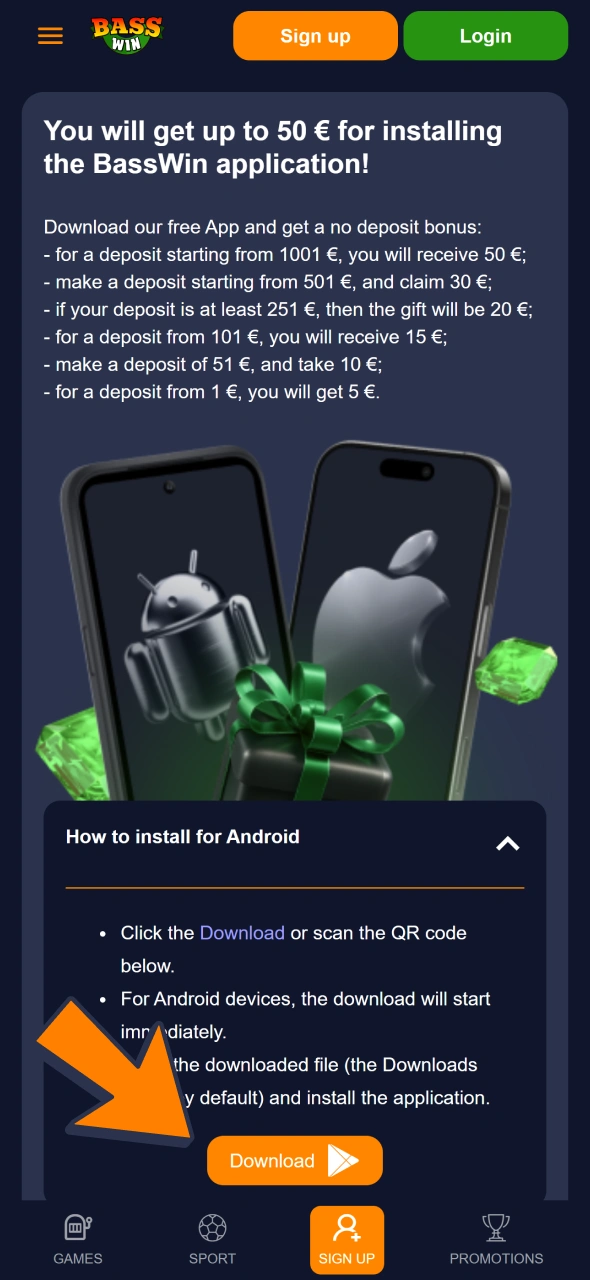 Download official Bass Win app to bet on esports from your phone.