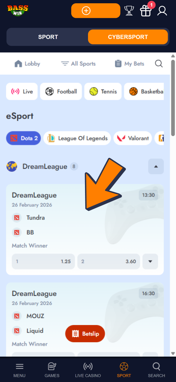 Open Bass Win esports section and start betting.