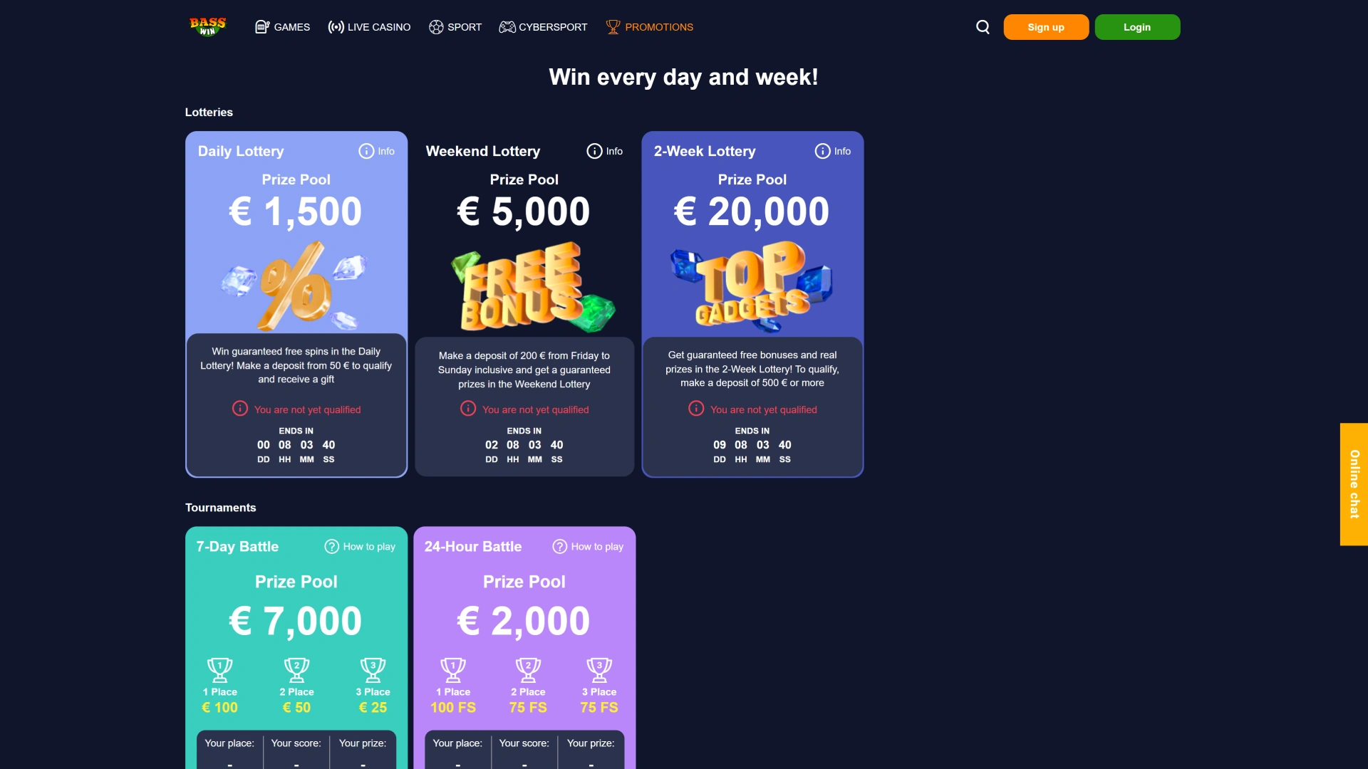 Visit Bass Win bonus page to see current bonuses and tournaments.