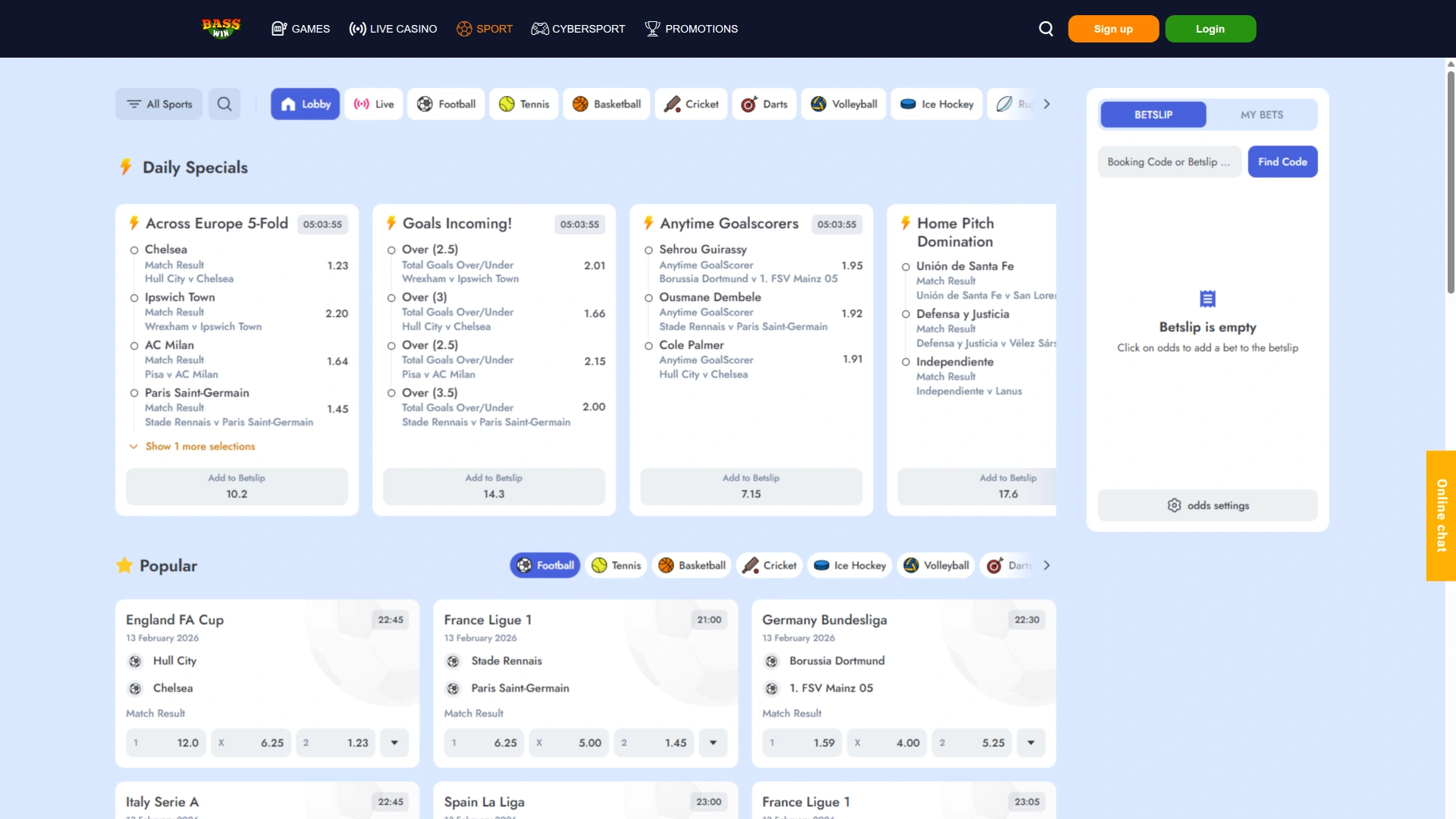 Place bets on your favourite sport competitions at Bass WIn.