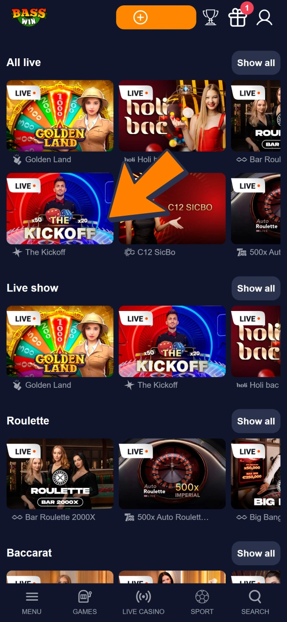 Choose game at Bass Win live casino page.