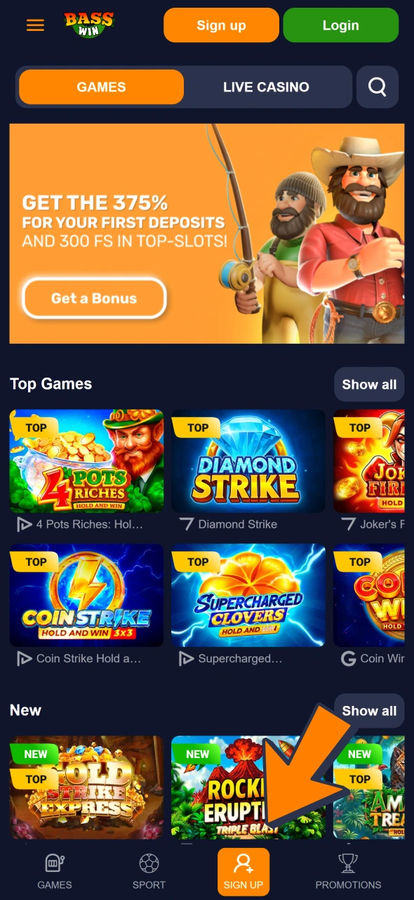 Open registration form at the Bass Win app.