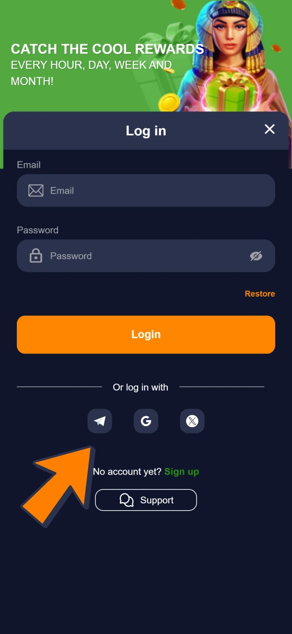 Use your email or socials to enter Bass Win account.