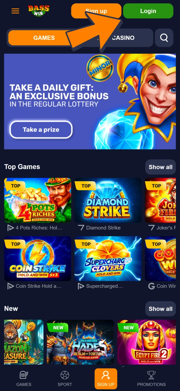 Click login button to enter your Bass Win account.