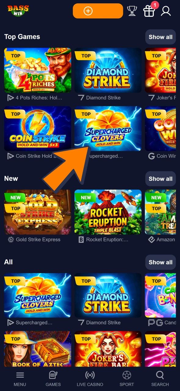 Visit Slots tab and choose game you want to play at Bass Win.