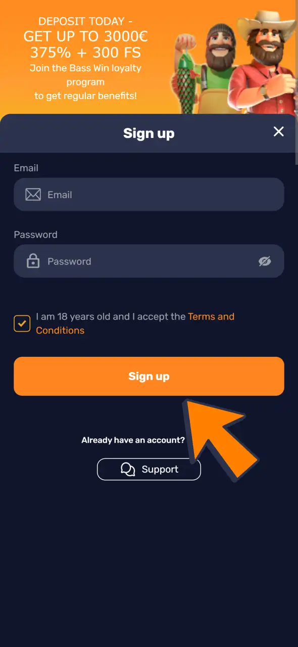 Create an account to get bonuses from Bass Win.