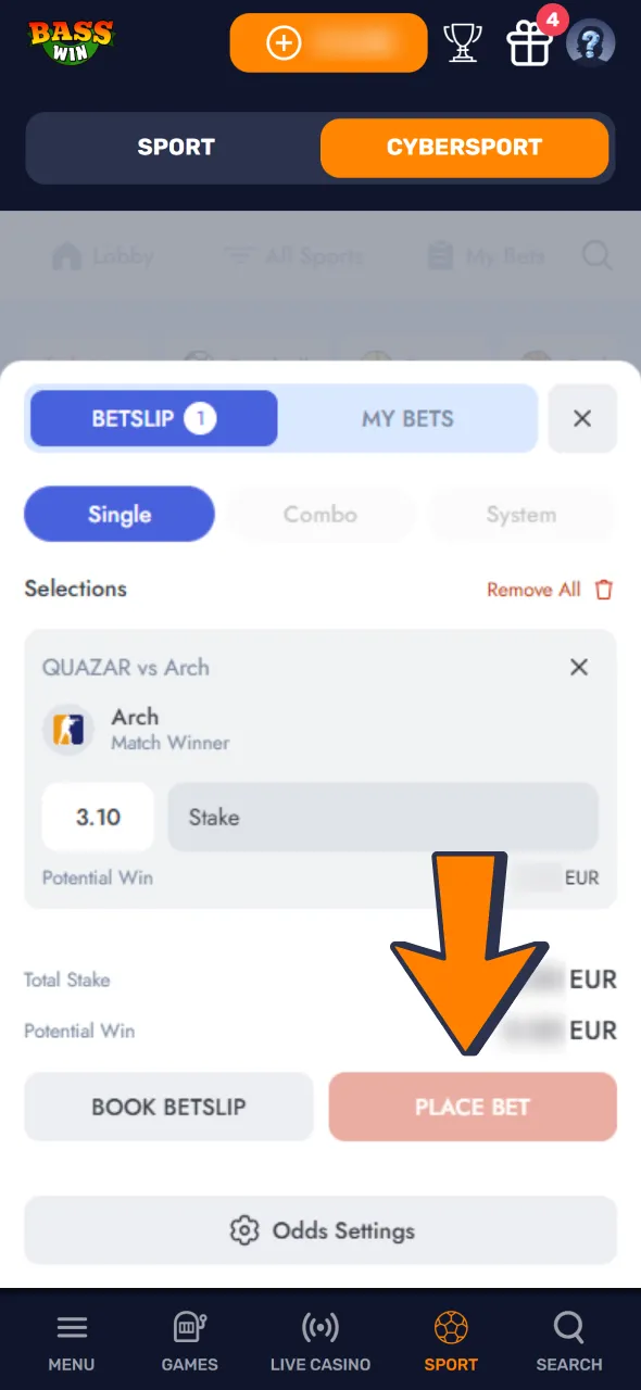 Enter the amount you wish to wager on your CS2 selection.