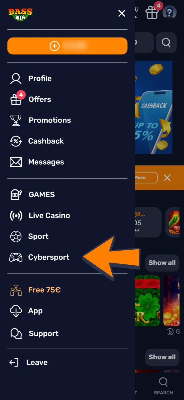 Open the Bass Win menu and select the esports category.