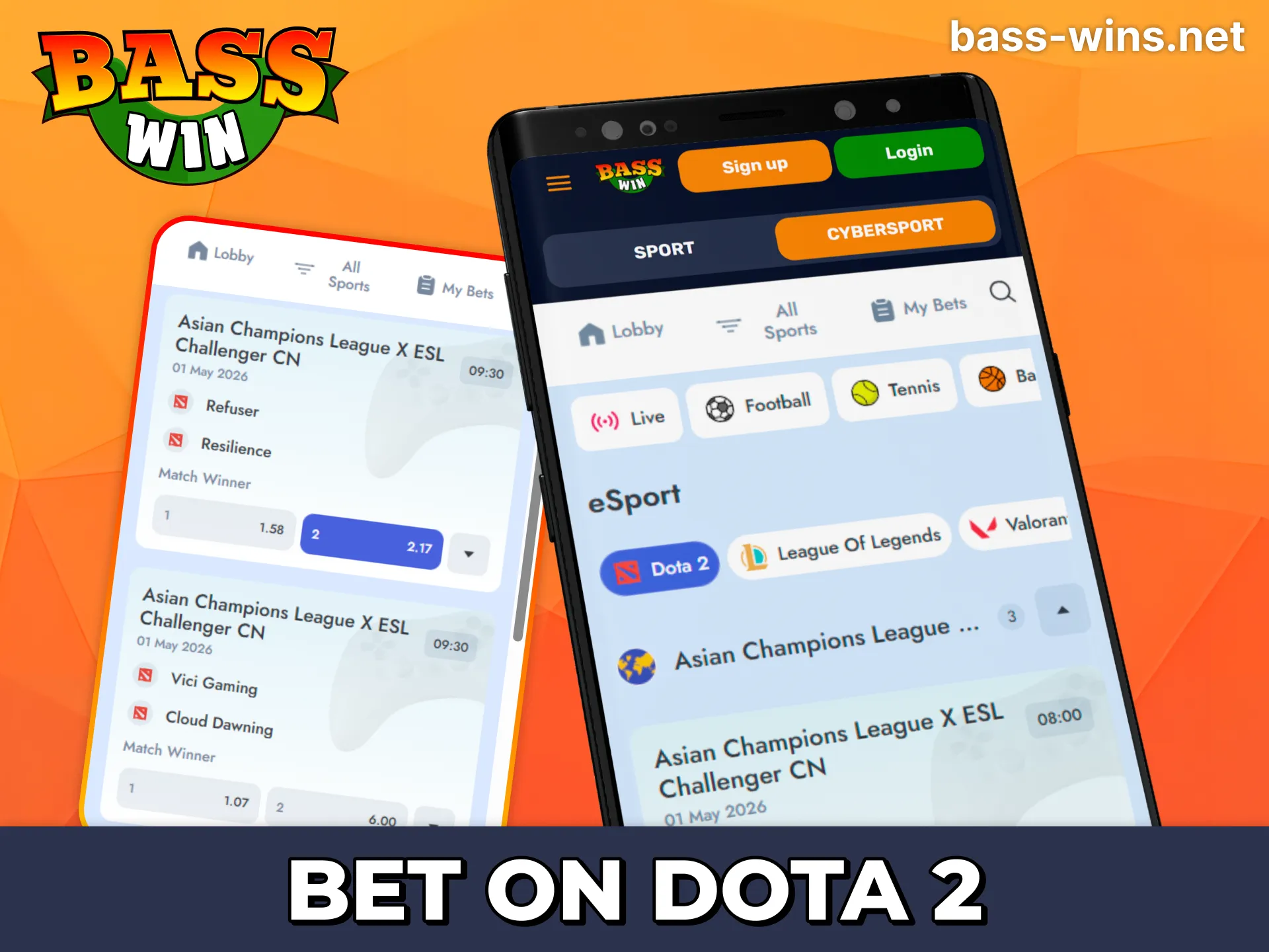 Bet on Dota 2 tournaments with Bass Win mobile.
