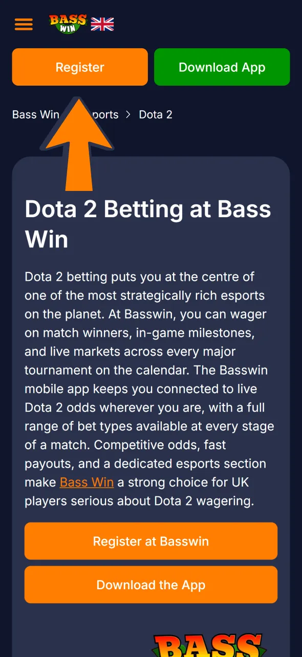 Register on the Bass Win platform for Dota 2 betting.