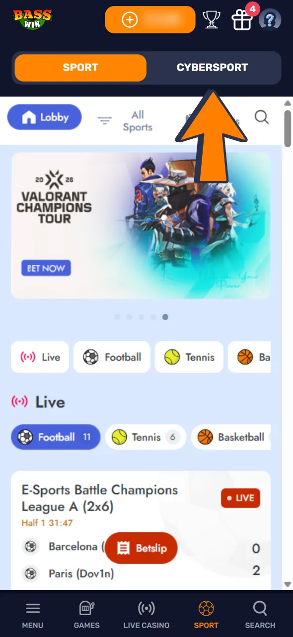 Open the Bass Win menu and select the esports tab.