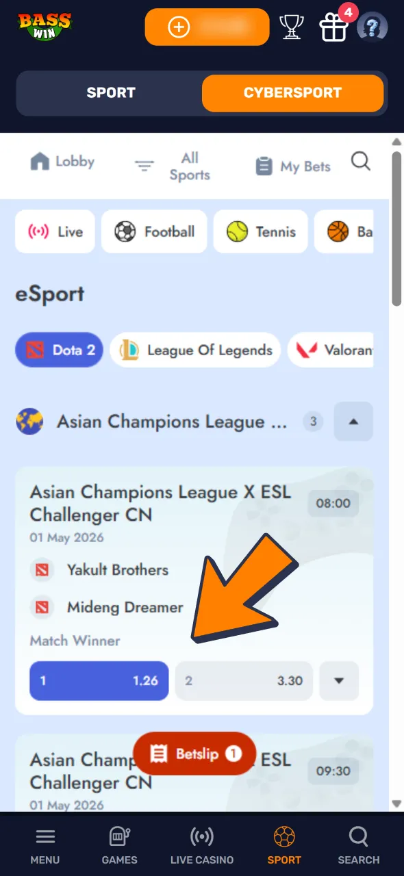 Select your Dota 2 match and choose a betting market.
