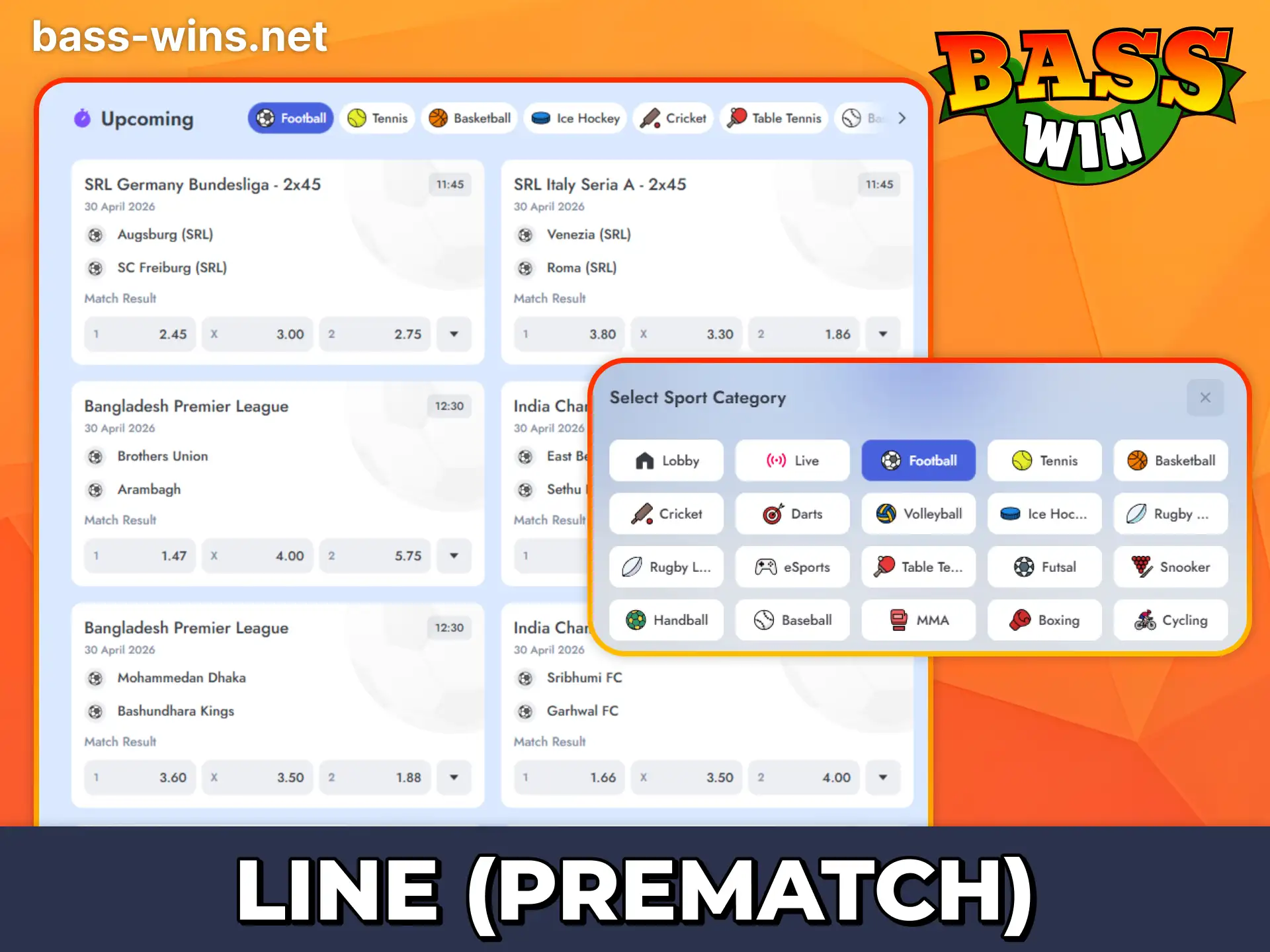 Bet on upcoming sports events at Bass Win.