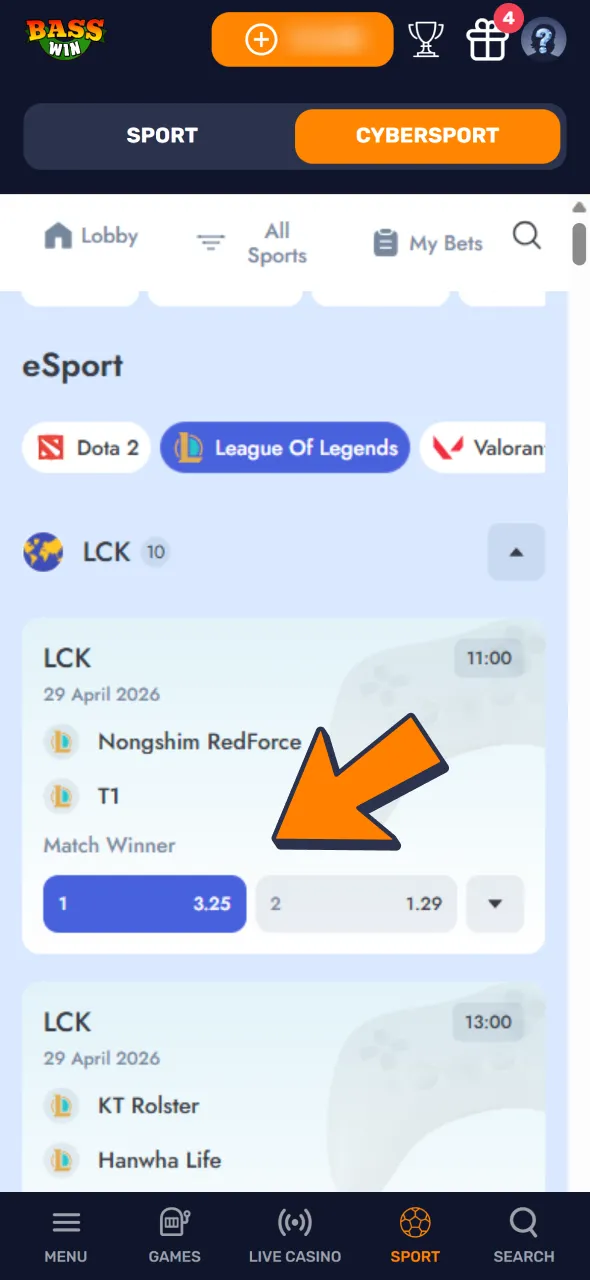 Browse the Bass Win esports section for League of Legends matches.