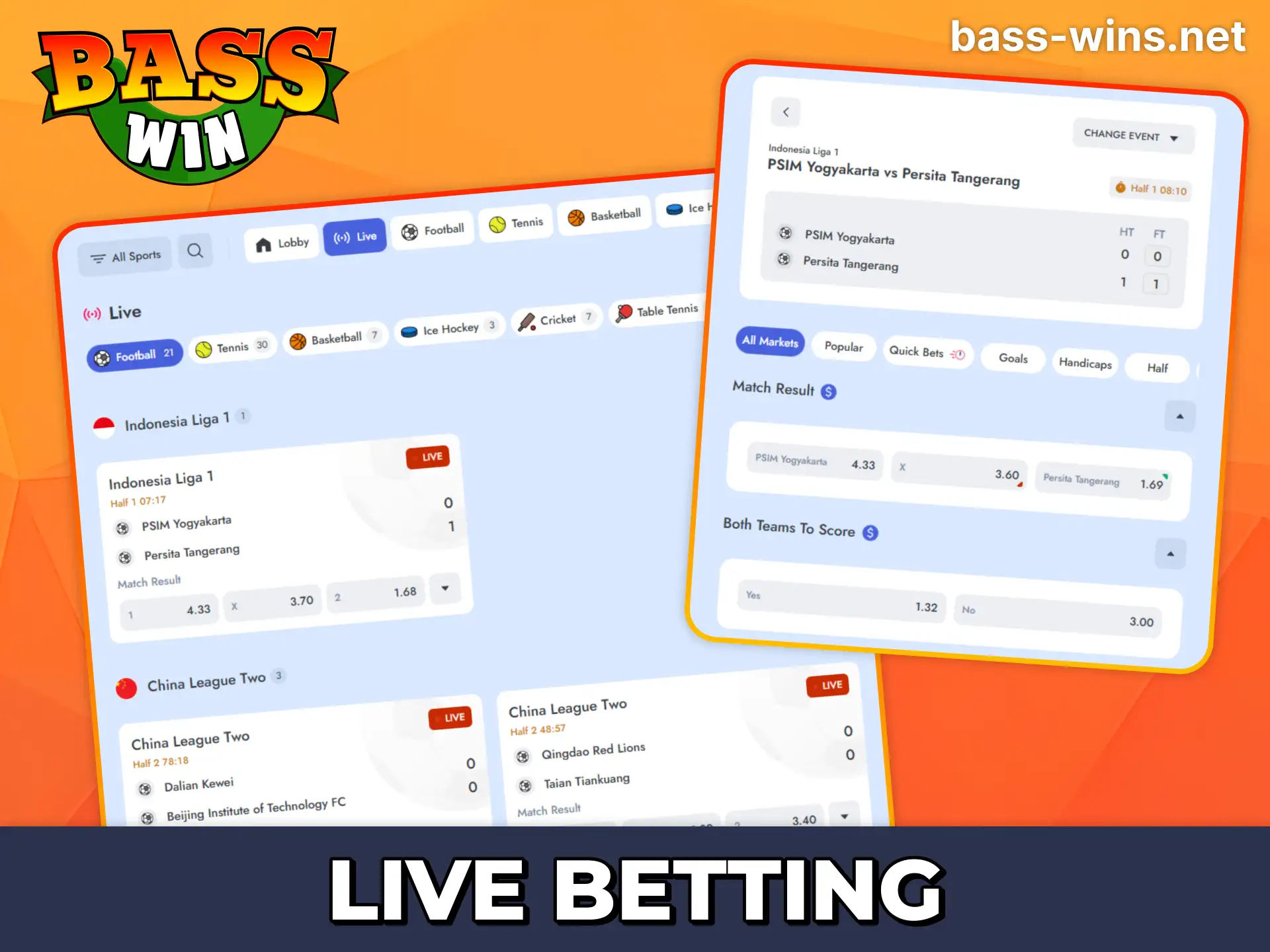 Bet on live sports tournaments at Bass Win to react fast on betting changes.
