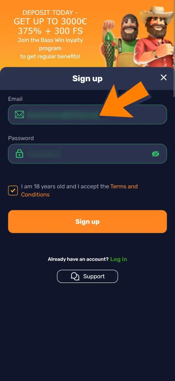 Fill in Bass Win registration form to create an account.